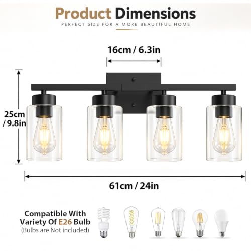 IZORRO Matte Black 4-Light Bathroom Vanity Light Fixture Over Mirror with Clear Glass Shades