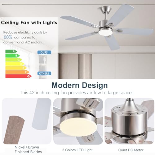 52 Inch Modern Ceiling Fan with Lights and Remote Control - Nickel Finish