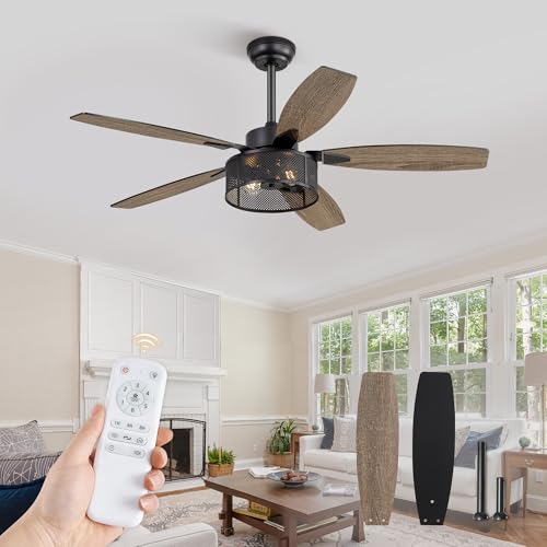 Fanbulous 52 Inch Black Farmhouse Flush Mount Ceiling Fan with Light & Remote - Rustic Caged Design
