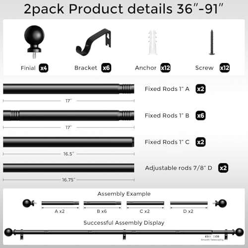 Wolistsa 2 Pack Black Adjustable Curtain Rods 36-91 Inch Heavy Duty Modern Window Treatment