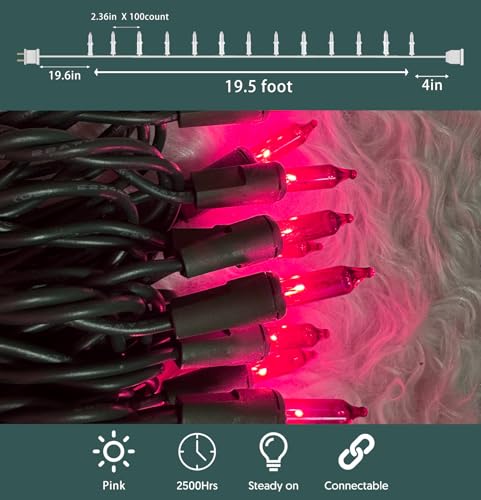 HISHINY Pink 21ft Christmas Lights, 100 Mini Bulbs, UL Certified Indoor/Outdoor