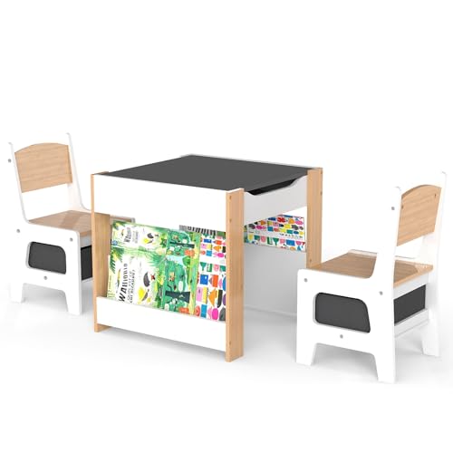 Kids 4-in-1 Table and Chair Set with Storage & Whiteboard Chalkboard