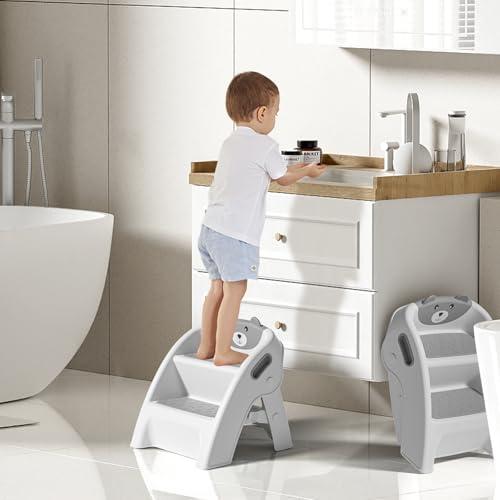 Toddler Step Stool for Bathroom Sink & Potty Training Gray - Anti-Slip & Anti-Tip, 2-Step, Foldable, 10-Second Assembly