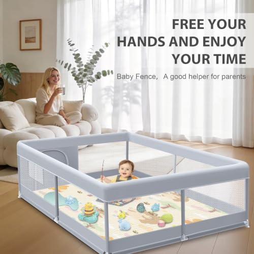 Baby Playpen with Mat - 50x50 Inch Indoor & Outdoor Play Yard for Toddlers - Grey