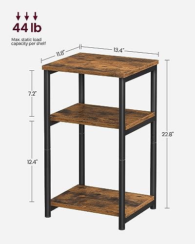 VASAGLE Rustic Brown & Ink Black Small End Table with 3 Tiers - Modern Steel Frame Nightstand