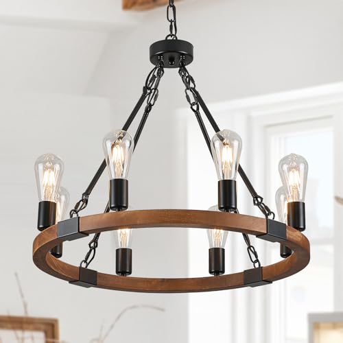 Farmhouse Wooden Wagon Wheel Chandelier 8-Light Fixture - Walnut, 23.6"