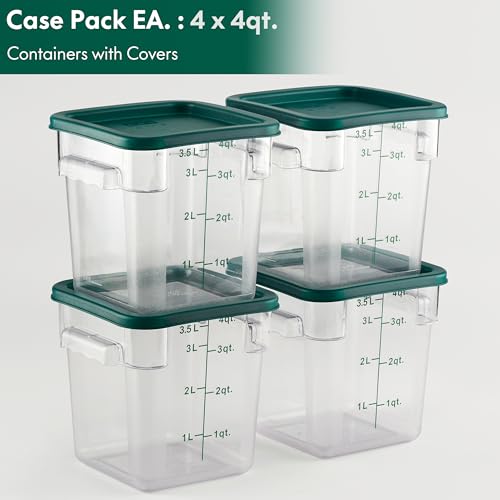 4 Pack Food Storage Containers with Green Lids - 4 Qt Square Polycarbonate