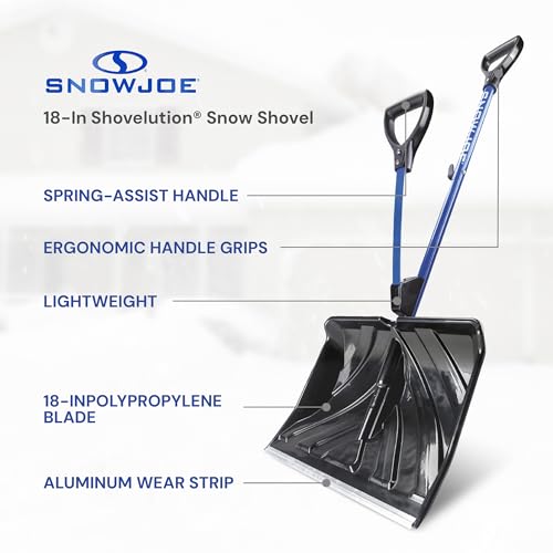 Snow Shovel with Spring-Assist Handle - 18-Inch Poly Blade, Strain-Reducing Ergonomic Design - Blue, 50 Inch Total Height