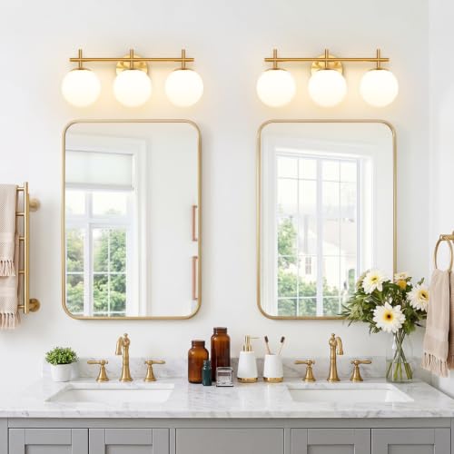 Brushed Gold 3-Light Bathroom Vanity Light Fixture with White Glass Globes - Variation of Brushed Gold / 3-Light
