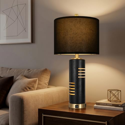 Black Faux Stone 27.5-Inch Table Lamps Set of 2 with USB & Night Light
