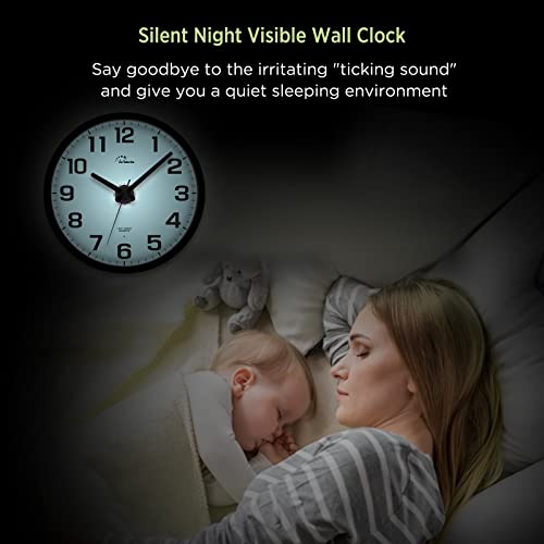 WallarGe 12-Inch Night Light Wall Clock for Bedroom - Black