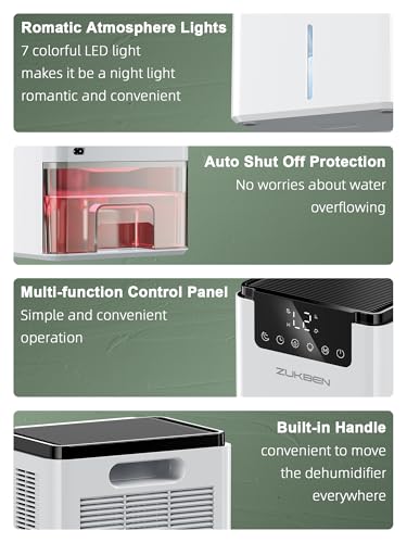 ZUKBEN 2200ML Home Dehumidifier with 75oz Water Tank, 2 Modes, Auto Shut Off & Ambient Light