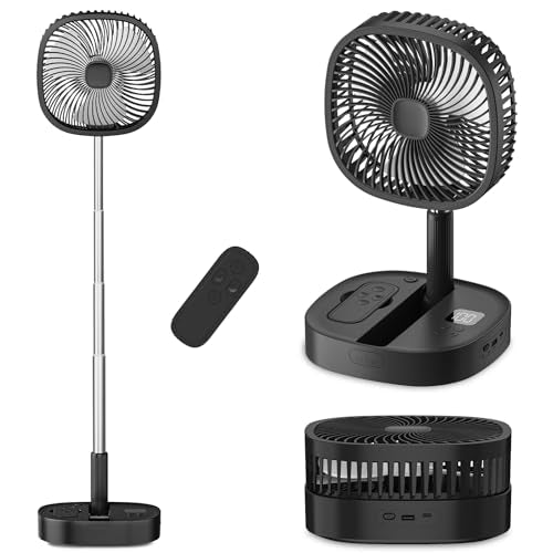 Black Portable Oscillating Pedestal Fan with Remote, 4 Speed, 120° Telescopic Rotation, Rechargeable 7200mAh, Quiet Timer for Travel & Home