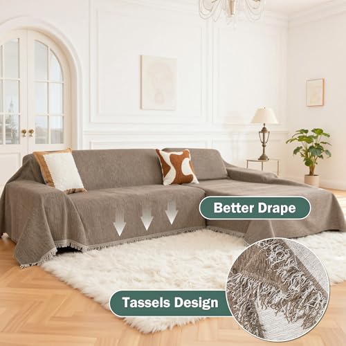 X-Large Couch Cover Set for Sectional Sofas - Sand Chenille Slipcover, Washable & Pet-Friendly