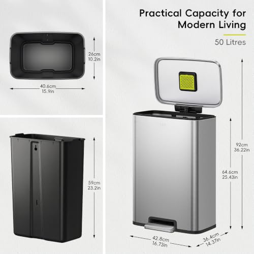 EKO Madison Matte Stainless Steel 50L Step Trash Can with Inner Liner - Fingerprint Resistant