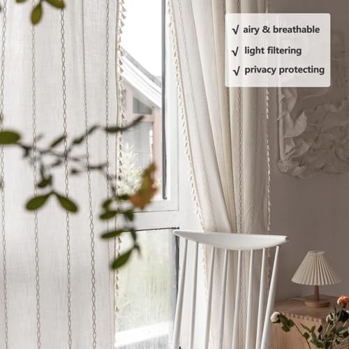 White 52W x 84L Boho Linen Curtains with Tassels - Pack of 2, Semi-Blackout for Living Room & Bedroom