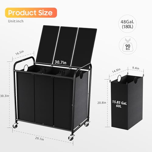 Black 3-Section 180L Rolling Laundry Sorter with Lid and Wheels
