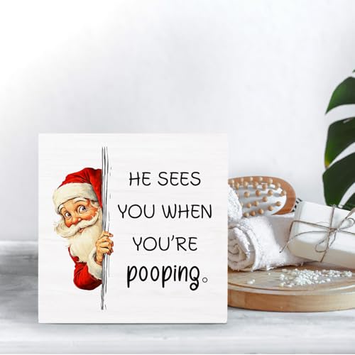 HYKDFMNCJ 028 Funny Christmas Santa Bathroom Box Sign 5x5 in – Desk Decor