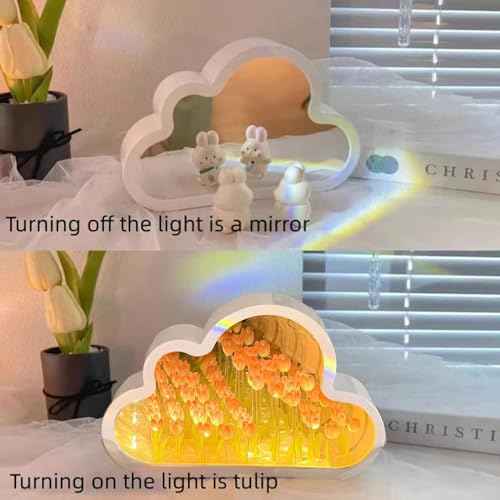 DIY Tulip Night Light,Cloud Tulip Mirror Night Light,LED Handmade Simulated Tulip Table Lamp,Room Desktop Decor for Teen Girls,Tulip lamp for Bedroom (Pink)