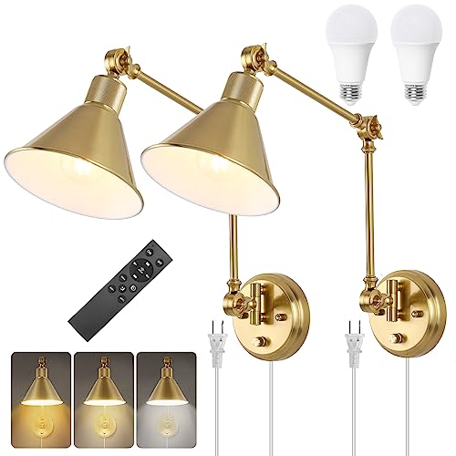 Gold Wall Sconce with Remote Control, Dimmable & Adjustable Color Temperature 2700K-6000K, Swing Arm Plug-In Light - 2 Pack