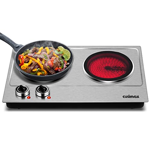 CUSIMAX Double 1800W Electric Hot Plate - Silver Cooktop with Independent Controls
