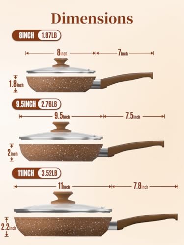 Innerwell Nonstick Ceramic Frying Pans Skillet Set with Lids - Gold, 8/9.5/11 inch