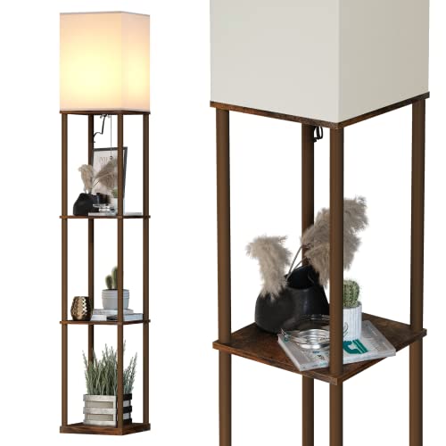 Sunmory Rustic Brown Square 4-Tier Shelf Floor Lamp with Shelves