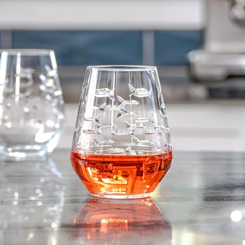 18oz School of Fish Stemless Wine Glasses Set of 4 - Lead-Free, Engraved, US Made