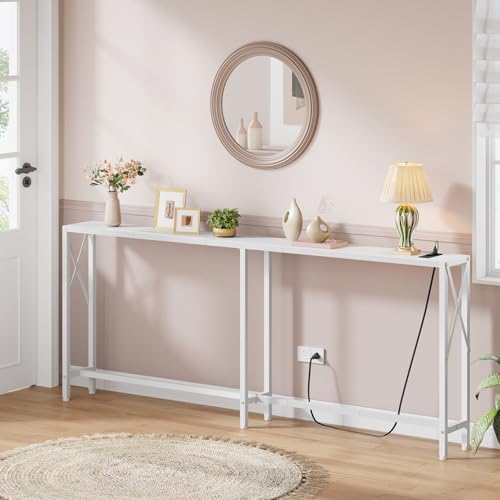 70-Inch White Sofa Table Behind Couch with Charging Station & Narrow Design - Modern Console