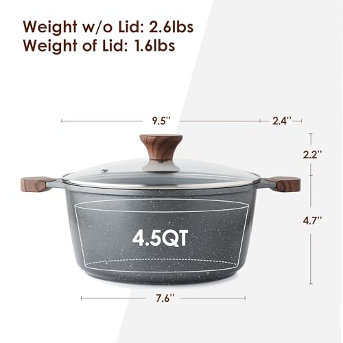 Nonstick Stock Pot with Lid 4.5 Quart Gray - Induction Compatible, Easy to Clean