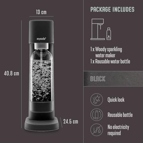 Mysoda Woody Sparkling Water Maker - Black, Eco-Friendly Carbonator with 1L Bottle - Noise-Free Nordic Design
