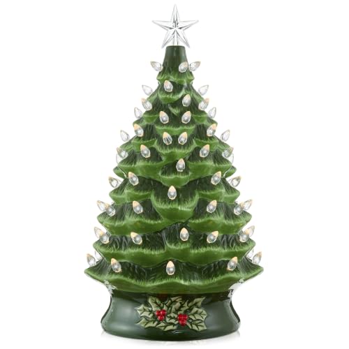 Casafield Hand Painted Ceramic Christmas Tree - Green 24-Inch Pre-Lit Holiday Decor with 148 Multi-Color Lights & 2 Star Toppers
