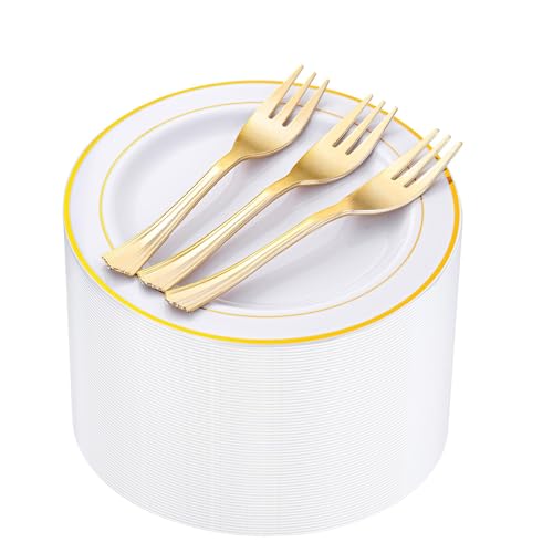 120 Pcs Disposable Dessert Plates with Gold Rim & Forks Set - 6.3 Inch for Weddings & Parties