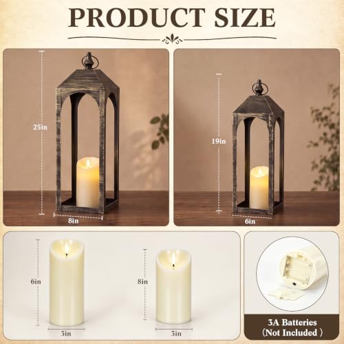 Large Decorative Lanterns Set of 2 Outdoor Indoor Bronze - Weather-Resistant Metal with LED Candles
