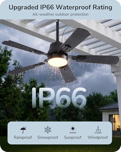 42-Inch Outdoor Waterproof Ceiling Fan with Light - Black, Remote Control