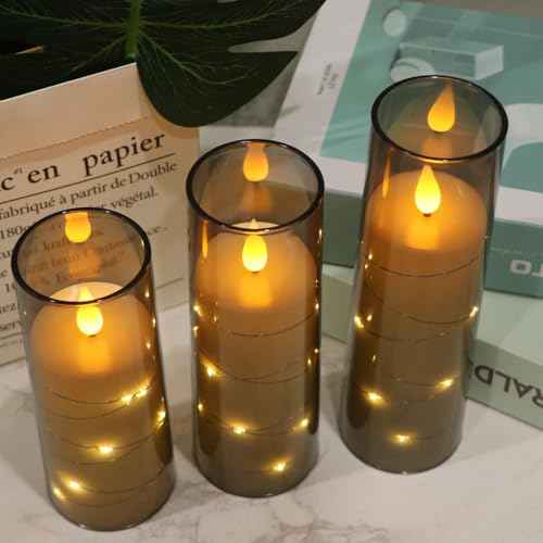 GenSwin Flickering Flameless Candles with 2 Remote Timer, 3 Pack LED Battery Operated with Embedded Star String, Battery Candles for Halloween Christmas Wedding Decororations(D2.3¡± x H5¡±6¡±7¡±)