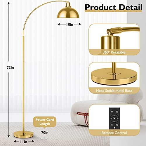 Gold Arc Floor Lamp for Living Room & Bedroom - Dimmable Over Couch Reading Lamp with Remote Control