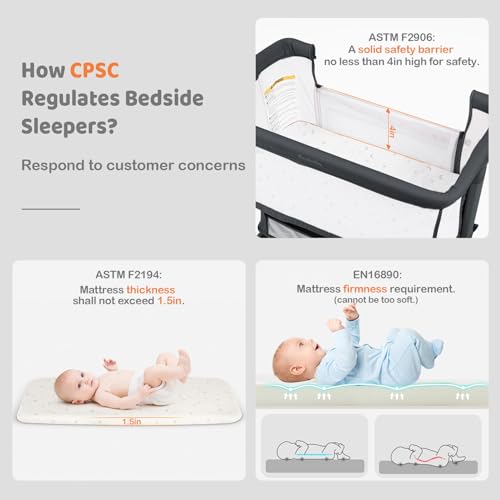 Ezebaby Deep Gray Bedside Baby Bassinet with Adjustable Height & Wheels