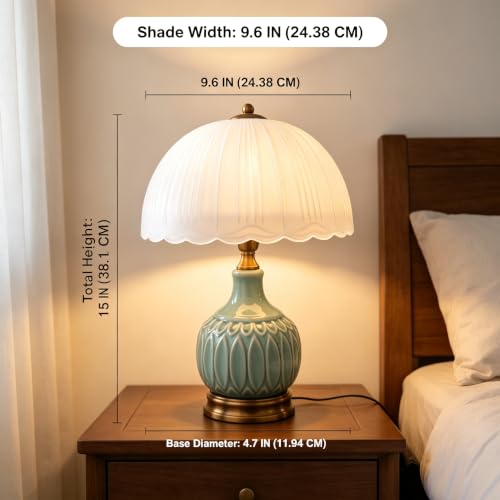 Retro Ceramic Table Lamp 15" Green Glass Shade for Living Room & Bedroom, WELAISA