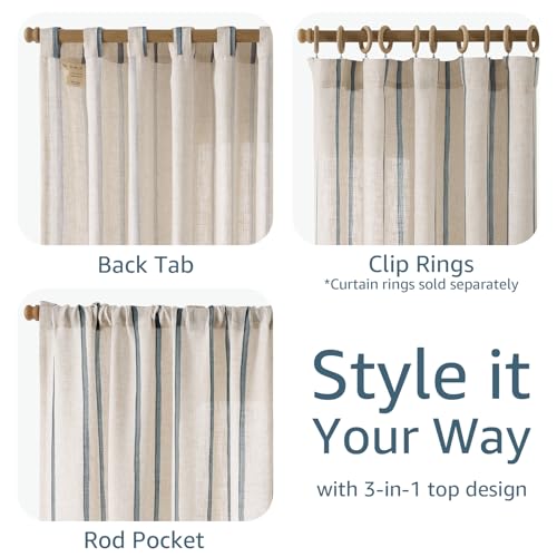 Blue Linen Blend Light Filtering Striped Curtains 96 Inches Long - Pack of 2