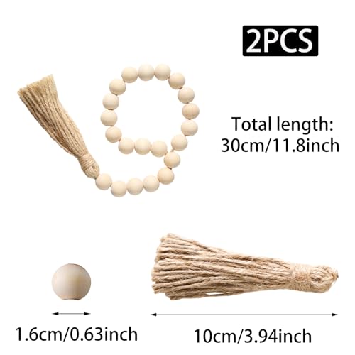 PINE & LINEN 2 Pack 12 Inch Natural Wood Bead Garland with Tassels - Style D
