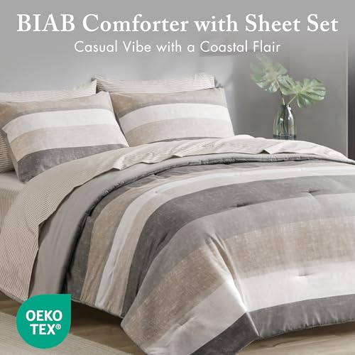 King Comforter Set Bed in a Bag - Modern Stripes, Taupe/Grey, 7 Piece California King