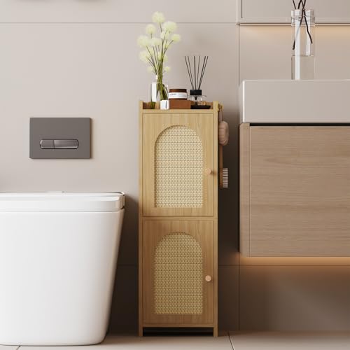 Arbuxzuy Classic Rattan Bathroom Storage Cabinet with 2 Doors & Adjustable Shelves
