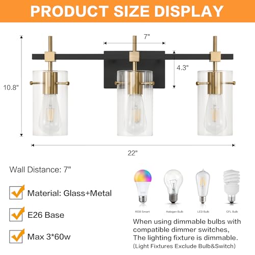 Vintage Vanity Light Fixture with Glass Shades - Black & Brass, 3 Lights, Over Mirror, Modern Style