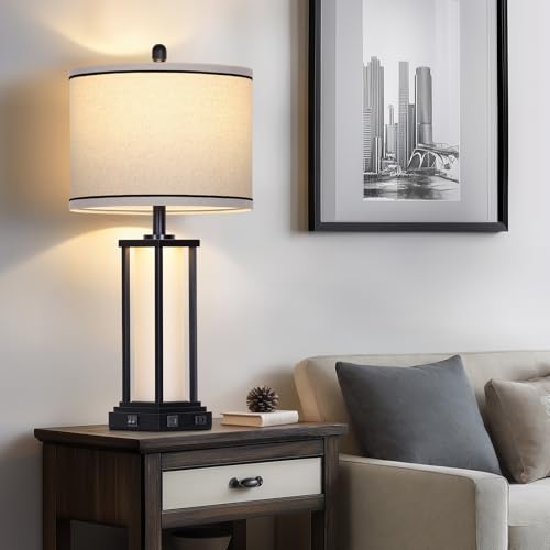 27-Inch Vintage Farmhouse Table Lamp with USB-C+A Outlets, Nightlight - Black-1P
