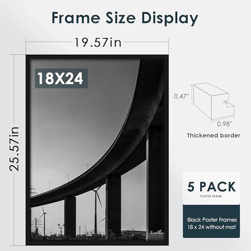 Fisnish 18x24 Black Photo Frame Set 5 Pack - Wall Mountable, Horizontal/Vertical