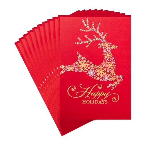 Snowflake Reindeer Christmas Cards with Envelopes 10-Pack - Gold Reindeer on Red