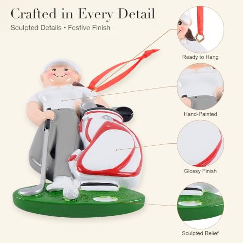 Female Golfer Christmas Tree Ornament 2026 with White Golf Bag and