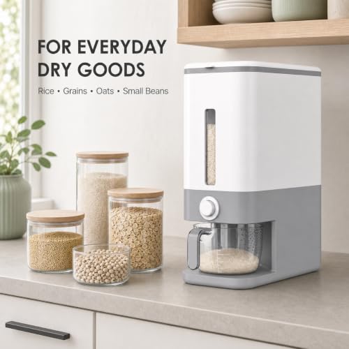 Grey 25 Lb Rice Dispenser with Measuring Cup - Airtight Grain Container