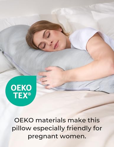 Momcozy J-Shaped Cooling Pregnancy Pillow with Deep Grey Cover – Supportive Maternity Pillow for Sleeping & Comfort